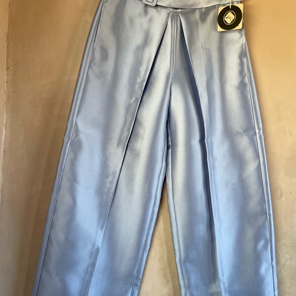 Light Blue Silk Satin Wide-Leg Pants